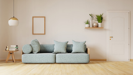 Modern living room interior with sofa and green plants,lamp,table on white wall background. 3d rendering