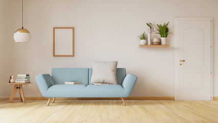 Modern living room interior with sofa and green plants,lamp,table on white wall background. 3d rendering