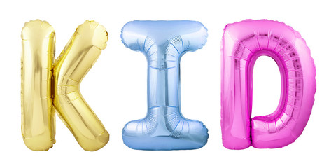 Word kid made of colorful inflatable balloons isolated on white background. Helium balloons forming word kid