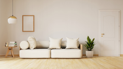 Fototapeta na wymiar Modern living room interior with sofa and green plants,lamp,table on white wall background. 3d rendering
