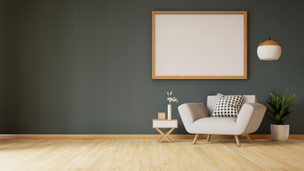 Living Room interior with velvet sofa, table on dark wall background. 3D rendering.