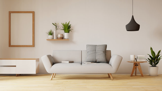 Modern living room interior with sofa and green plants,lamp,table on living .3d renderin.