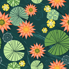 Water lily flowers and pads seamless pattern