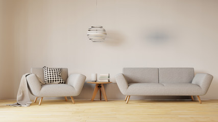 Living room interior wall mock up with pastel coral gray sofa and armchair, round pillows, plaid, pendant lamp and decorative arch on beige wall background. 3D rendering.