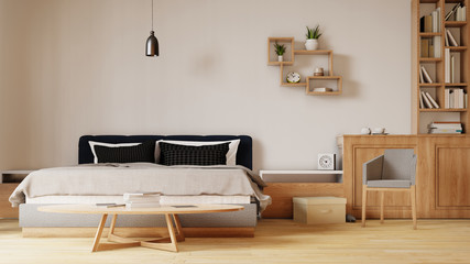 Interior mock up with bed in bedroom with white wall. 3D rendering.