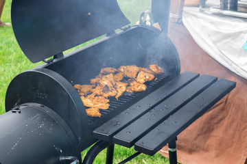 Portions of chicken meat placed on a grill grid.