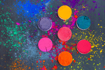 Flat lay of Indian Holi festival colors. Abstract colorful background