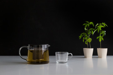White table with Marijuana plant in pottery. Hot CBD tea in glass and teapot.