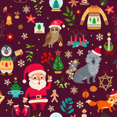 A Christmas forest animals pattern. Winter vector