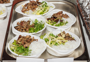Vietnamese dishes Bun Cha, grilled Vietnamese pork belly ready for the customers at Prague Embassy strret food festival