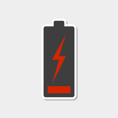 Low battery icon with white stroke. Sticker style. Vector illustration on white background