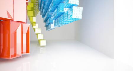 Abstract white and colored interior multilevel public space with window. 3D illustration and rendering.