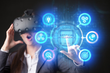 Fototapeta premium The concept of business, technology, the Internet and the network. A young entrepreneur working on a virtual screen of the future and sees the inscription: artificial intelligence