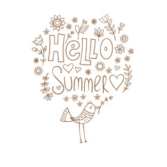 Summer vector card with plants and bird. Children's illustration. Doodle image.