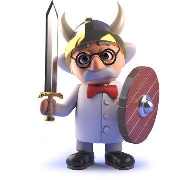 Mad scientist professor in 3d is a might barbarian warrior