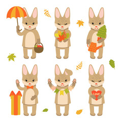 Set of cute rabbit characters isolated on white background. Collection of autumn characters. Vector illustration in cartoon style.