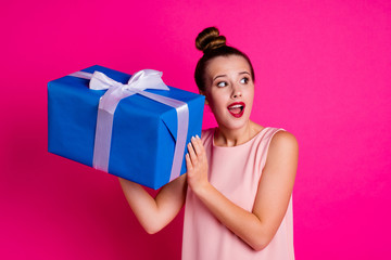 Portrait charming lovely cute childish teen teenager lips red pomade lipstick stick have ribbon blue box try guess dressed outfit festive she her top knot isolated vibrant background