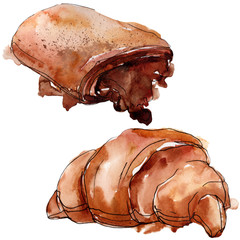 Tasty cake and bun sweet dessert. Watercolor background set. Isolated desserts illustration element.