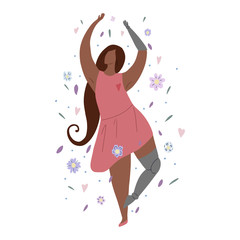 Beautiful african girl dancing in flowers with prosthetic arm and leg. Modern flat illustration of a strong self sufficient woman for postcards, articles and banners. Self love and body positive