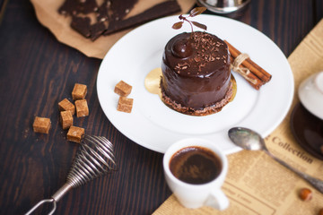 Chocolate cake, dessert with nuts on dark background, on the breakfast.