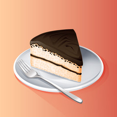 A piece of chocolate vanilla cake on white plate and fork