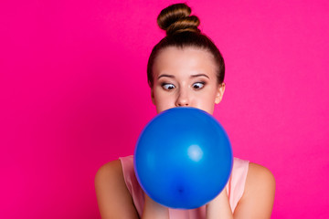 Fototapeta premium Close up photo of charming lovely nice teen try make party free time weekend summer spring rest relax ballon wear blouse pastel colored isolated bright colorful background she her