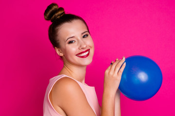 Portrait  of attractive magnificent lady hold hand ballon feel positive cheerful luxury satisfied content weekend dressed pastel colored millennial clothes youth top-knot isolated vibrant background