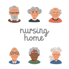 Elderly people avatar set. Portraits of old people on white background. Happy faces of Senior people. Nursing home. Senior people healthcare assistance flat Vector illustration.