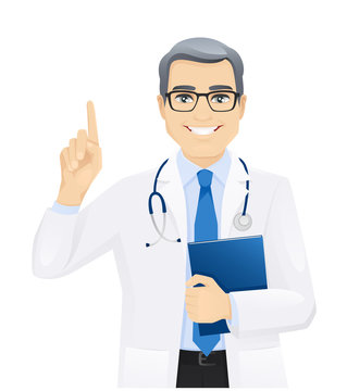 Male doctor pointing finger up isolated vector illustartion