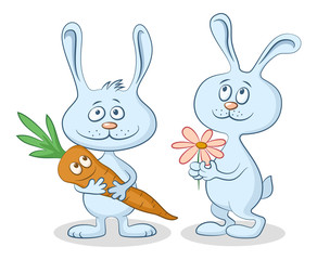 Cartoon Rabbits, Funny Characters with Carrot and Flower, Isolated on White Background. Vector
