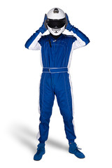 Race driver in blue white motorsport overall shoes gloves and safety gear take off crash helmet...