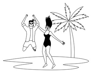 Happy couple in summer cartoons in black and white