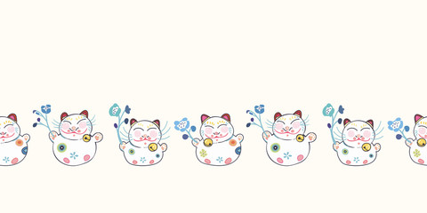 White vector repeat bordern with happy maneki neko cat and blue florals. Japan inspired pattern. Comic style. Perfect for paper and textile projects or events. Surface pattern design.