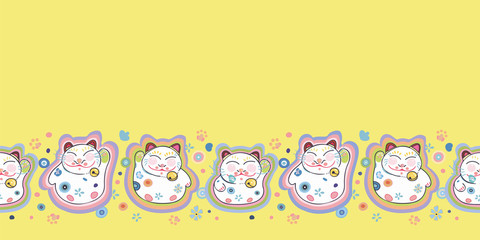 Yellow vector repeat bordern with happy maneki neko cat and pastel ornamental florals. Japan inspired pattern. Comic style. Perfect for paper and textile projects or events. Surface pattern design.