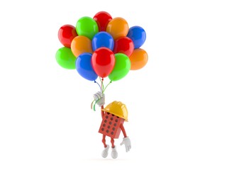 Fototapeta na wymiar Brick character flying with balloons
