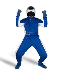 Race driver in blue white motorsport overall shoes gloves and safety gear crash helmet celebrating after winning isolated white background. Car racing motorcycle sport concept.