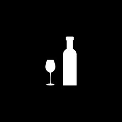 Wine bottle with wine glass icon white silhouette isolated on black background. Vector illustration.