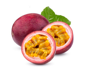 Passion fruit with leaf isolated on the white background. full depth of field