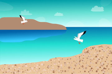 Fototapeta premium Sea flat landscape. Sea, beach, seagulls, mountains, clouds