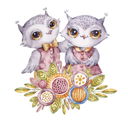 Cute watercolor owls and flowers in childish style