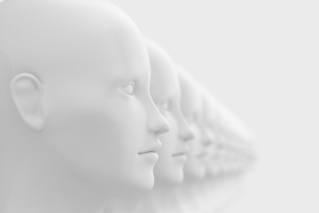 Abstract background with many identical out-of-focus female doll faces, one of which is in focus 3D illustration