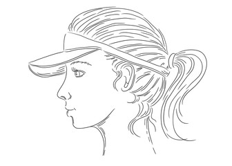 profile portrait of a young woman with ponytail wearing a sunshield