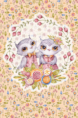 Watercolor owl in flower frame, floral background