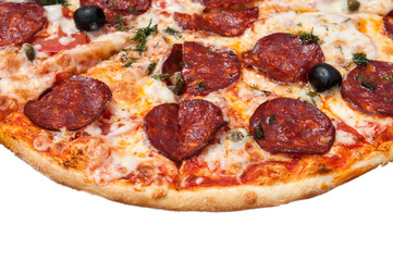 Italian pizza close up on white background top view