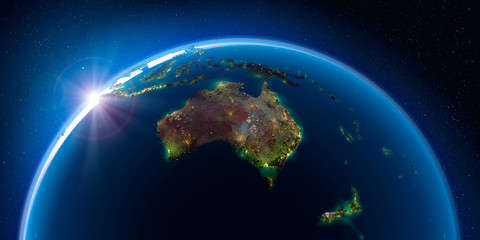 Earth at night and the light of cities. Australia and New Zealand. - obrazy, fototapety, plakaty