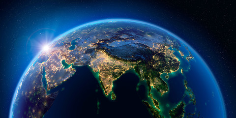 Earth at night and the light of cities. India. South-east Asia.