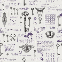 Vector seamless pattern with vintage keys and keyholes. Medieval manuscript with sketches, blots and spots in retro style. Hand drawn illustration. Wallpaper, wrapping paper or fabric © paseven