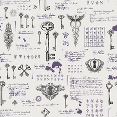 Fotobehang Vector seamless pattern with vintage keys and keyholes. Medieval manuscript with sketches, blots and spots in retro style. Hand drawn illustration. Wallpaper, wrapping paper or fabric © paseven