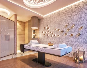 Foto op Canvas Modern interior design of Spa, Sauna, concept of fine living, relaxation, 3d rendering © snorkulencija