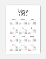 Calendar 2020 template. 12 Months. include holiday event. Week Starts Sunday